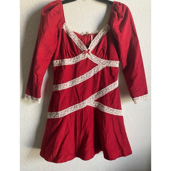 Free People Tennley Red Milkmade Coquette Corduroy Whimsigoth Lace Mini Dress XS - Picture 2 of 16